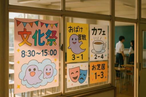 文化祭ポスターが貼られた窓 文化祭ポスターが貼られた窓の写真