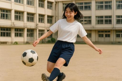 校庭でボールを蹴る中学生女子 校庭でボールを蹴る中学生女子の写真