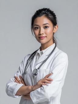 白い背景に立つ自信に満ちた女性医師 白い背景に立つ自信に満ちた女性医師の写真