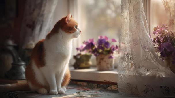 窓辺で外を見つめる可愛い猫 窓辺で外を見つめる可愛い猫の写真