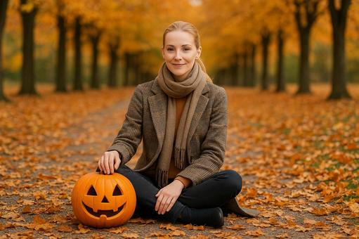紅葉と女性のハロウィン 紅葉と女性のハロウィンの写真