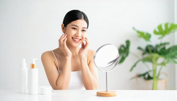 鏡の前で美容ケアを楽しむ笑顔の若い女性 鏡の前で美容ケアを楽しむ笑顔の若い女性の写真