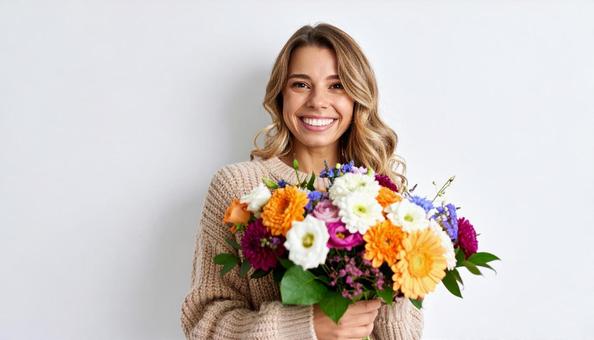 ナチュラルな笑顔の女性 花束 明るい シ ナチュラルな笑顔の女性 花束 明るい シの写真