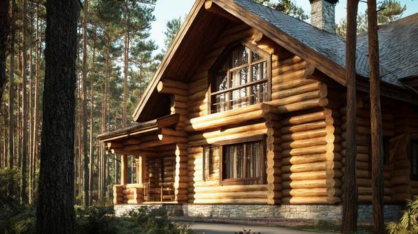 森の中のログハウスの写真