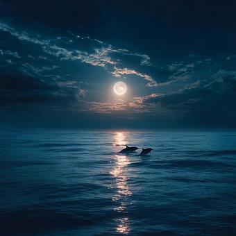 月明かりが照らす静かな海とイルカの写真