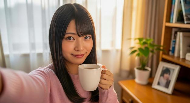 カップを手に持ち笑顔を見せる女性 カップを手に持ち笑顔を見せる女性の写真