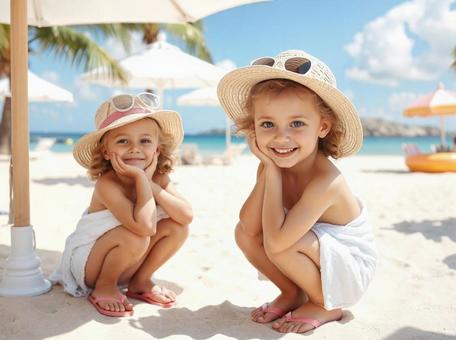 白い砂浜と少女 夏の海イメージ 白い砂浜と少女 夏の海イメージの写真