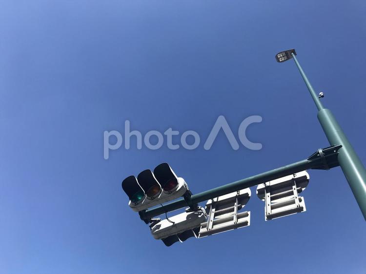 青空と青の信号機 信号,信号機,空の写真素材
