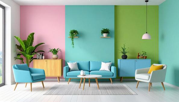 モダンでカラフルなリビングルームの写真