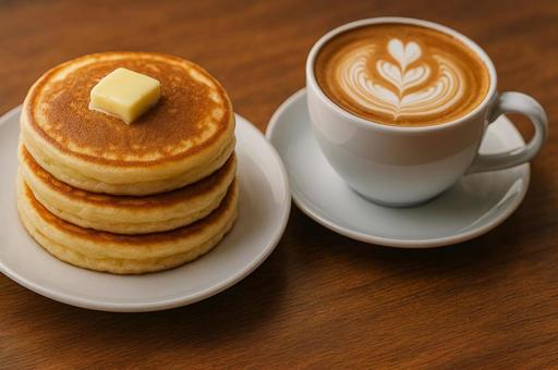 ふわふわパンケーキとカプチーノの写真