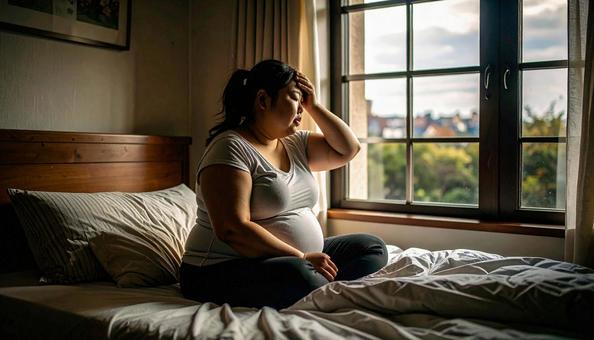 肥満で疲れやすく、額に手をやる女性 肥満で疲れやすく、額に手をやる女性の写真