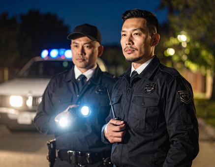 A private security guard rushed to the scene in the middle of the night., urgent, security guard, guardman, JPG
