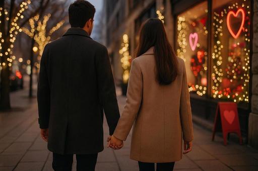 冬の街並みを歩くカップルの写真