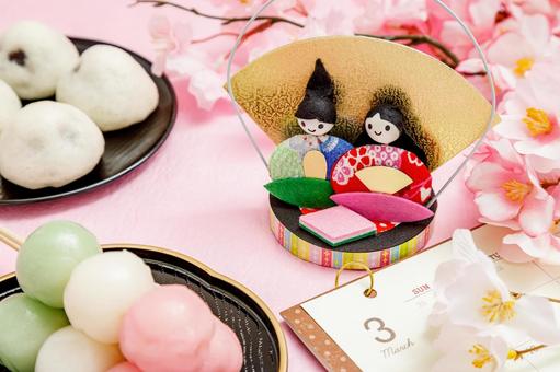 雛祭り｜雛人形と団子と饅頭とカレンダー お雛様,ひな人形,御代理様の写真素材