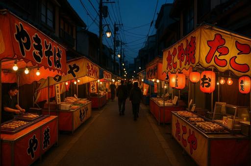 屋台が並ぶ通りの写真
