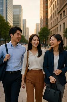 笑顔でビジネス街を歩く若手会社員 笑顔でビジネス街を歩く若手会社員の写真