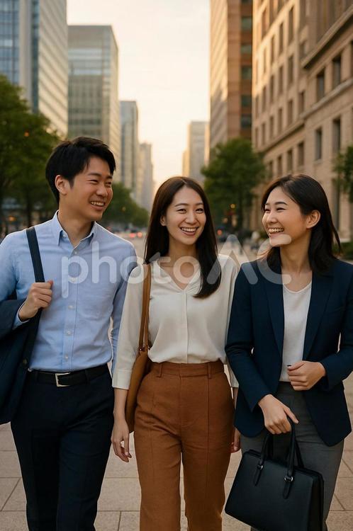 笑顔でビジネス街を歩く若手会社員 ビジネス,仕事,会社の写真素材