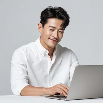 集中してパソコンに向かう若手男性 集中してパソコンに向かう若手男性の写真