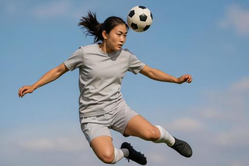 ヘディングする女子サッカー選手 ヘディングする女子サッカー選手の写真