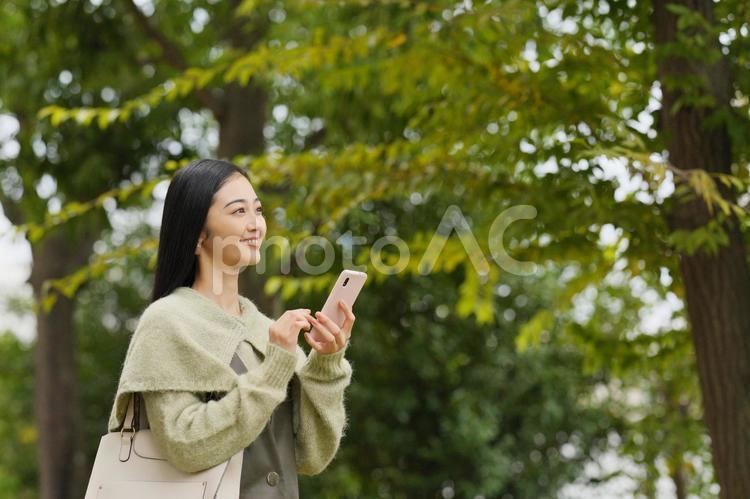 公園でスマホを使う女性 女性,日本人,１人の写真素材
