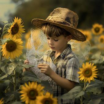 虫網をいじる少年 虫網をいじる少年の写真