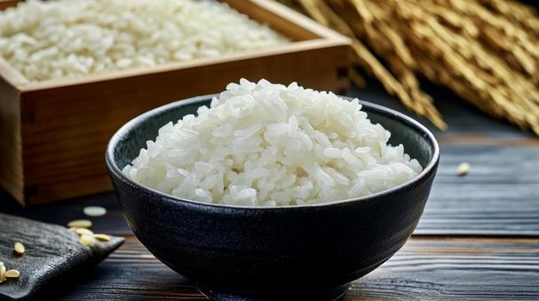 白ご飯と収穫したての米と稲穂 白ご飯と収穫したての米と稲穂の写真