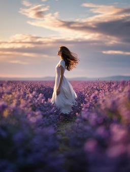 美しい夕日の中ドレスで花畑を散策する女性 美しい夕日の中ドレスで花畑を散策する女性の写真