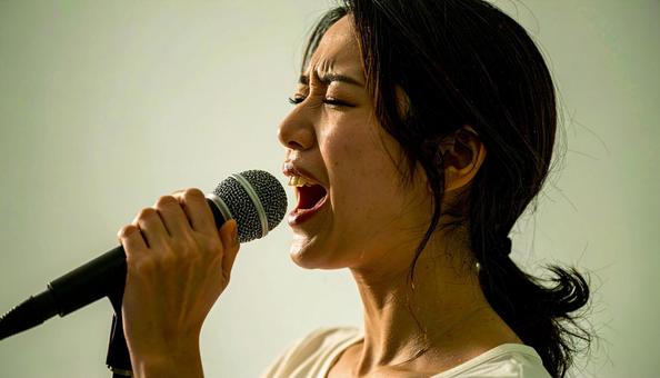 マイクを持って熱唱する日本人女性 マイクを持って熱唱する日本人女性 の写真