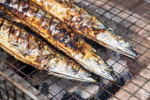 炭火で焼く秋刀魚 炭火で焼く秋刀魚 秋刀魚,サンマ,炭火の写真素材