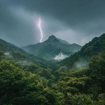 嵐の空と新緑の山々が織りなす絶景 嵐の空と新緑の山々が織りなす絶景の写真