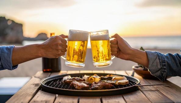 ビールで乾杯するバーベキュー ビールで乾杯するバーベキューの写真