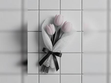 黒いリボンのピンクのチューリップの花束 黒いリボンのピンクのチューリップの花束の写真