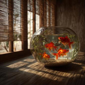 窓からの光が差し込む穏やかな金魚鉢の情景 窓からの光が差し込む穏やかな金魚鉢の情景の写真