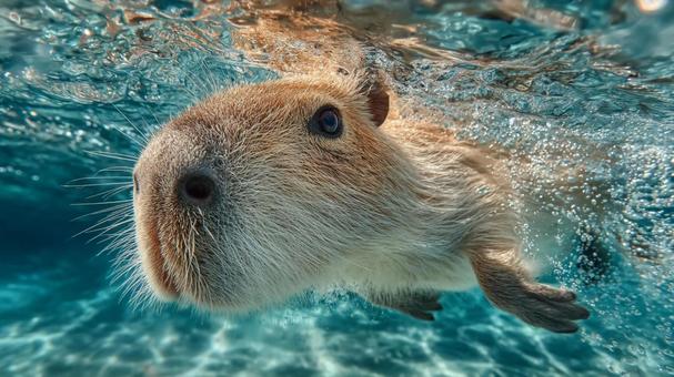 透明な水の中を泳ぐカピバラの愛らしい顔 透明な水の中を泳ぐカピバラの愛らしい顔の写真