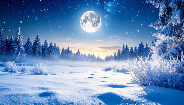 満月に照らされる幻想的な雪原 満月に照らされる幻想的な雪原の写真