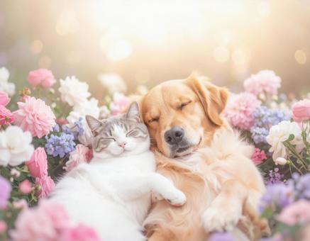 花に囲まれて眠る犬と猫 花に囲まれて眠る犬と猫の写真