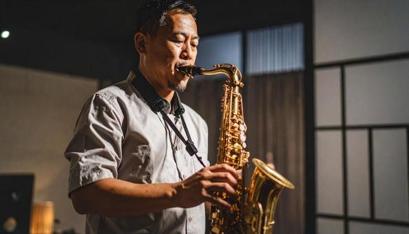 バリトンサックスを演奏する男性の写真