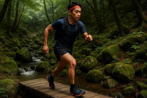 橋を渡るトレイルランナー 橋を渡るトレイルランナーの写真