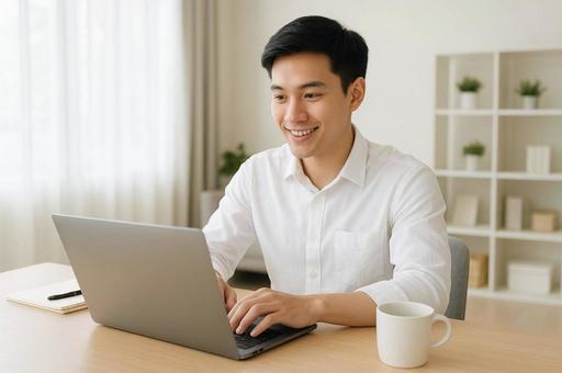 リモートワークをしてる素敵な男性の写真