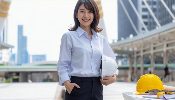 ヘルメットを抱え笑顔の若い日本人女性 ヘルメットを抱え笑顔の若い日本人女性の写真