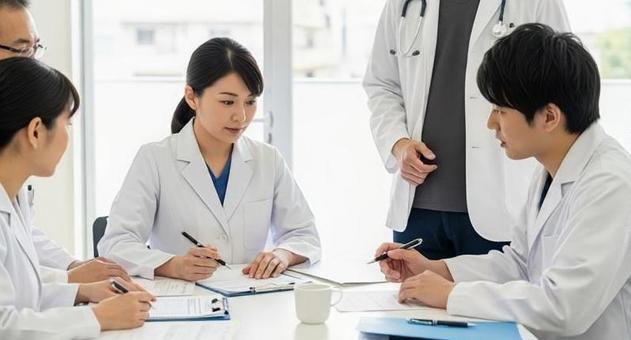 症例についてミーティングをする医師 症例についてミーティングをする医師の写真