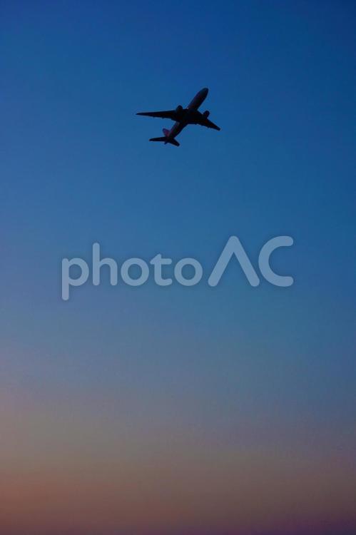 飛行機のシルエットと夕焼け 飛行機,空,シルエットの写真素材