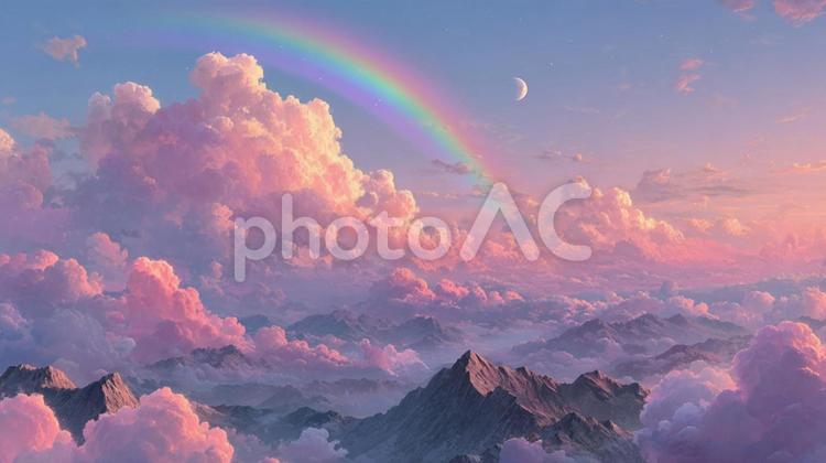 夢のような色彩の空と雄大な山々の風景 虹,パステルカラー,空の写真素材