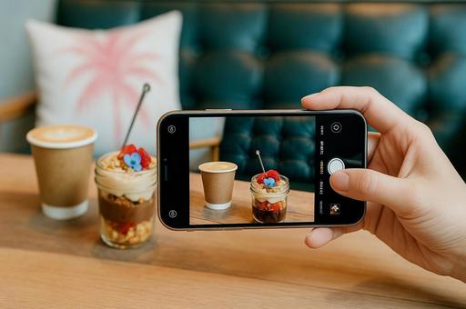 カフェでスマホ撮影されているスイーツ カフェでスマホ撮影されているスイーツの写真