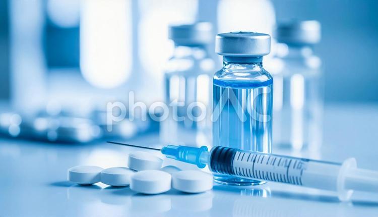 治療薬　白い錠剤と注射器と薬瓶 医療,注射,薬の写真素材