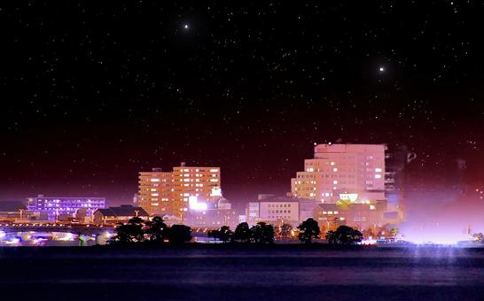 Image material/Night view, Lake Shinji, Yomegashima, starry sky, JPG Image material/Night view, Lake Shinji, Yomegashima, starry sky, JPG