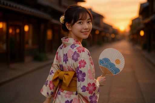 浴衣女性夕暮れ振り向き 浴衣女性夕暮れ振り向きの写真