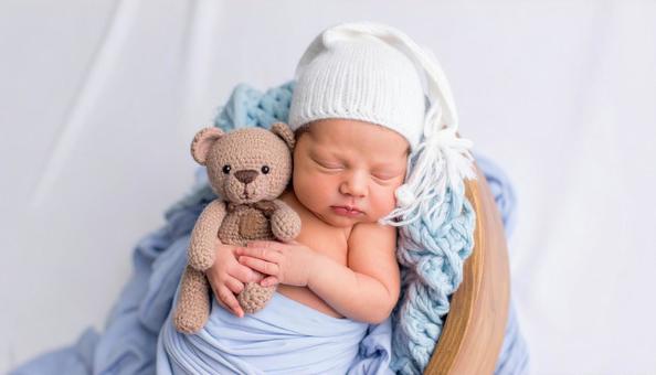 眠る赤ん坊と熊のぬいぐるみのベビーフォト 眠る赤ん坊と熊のぬいぐるみのベビーフォトの写真