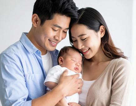赤ちゃんを抱く幸せそうな夫婦 赤ちゃんを抱く幸せそうな夫婦の写真