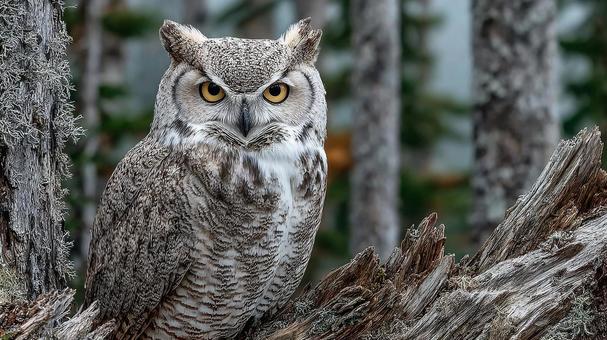 The sharp gaze of an eagle owl perched on a dead tree, owl, earthworm, bird, JPG